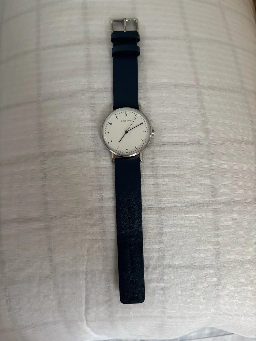 Classic Navy Leather Strap Watch with Silver Case